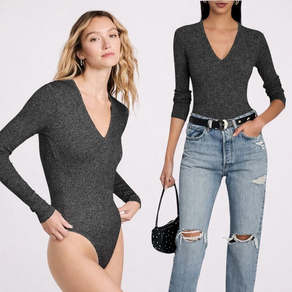 AGOLDE Tavi Deep V Ribbed Thong Bodysuit Black Gray Women's Med